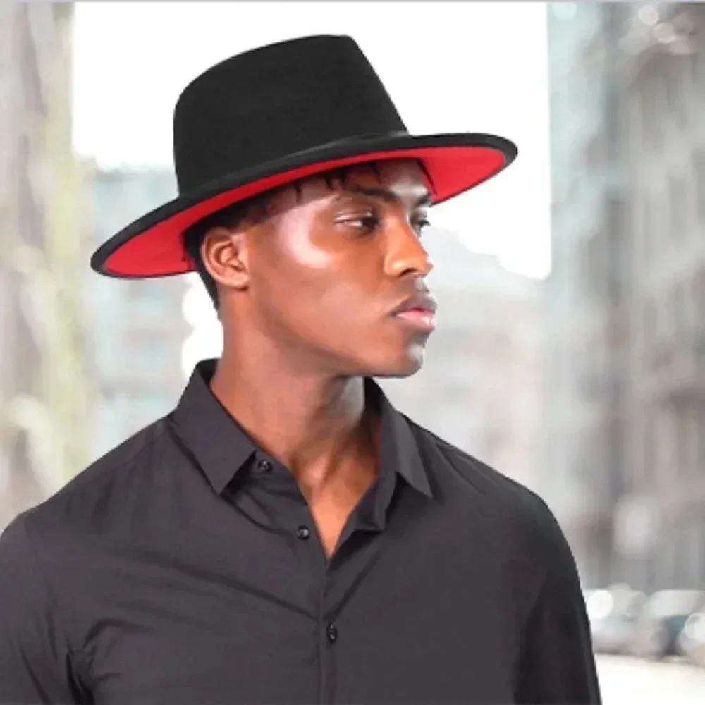 BLACK OUTSIDE RED INSIDE Wide Brim Fedora Hats Two Tone Dress Hat Felt P…